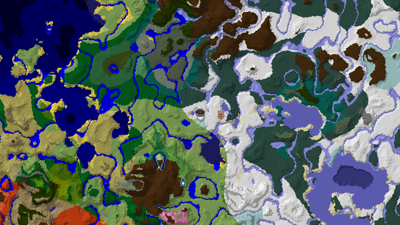 A 2D biome map centered on spawn, showing snowy plains, ice spikes, and a village marker.
