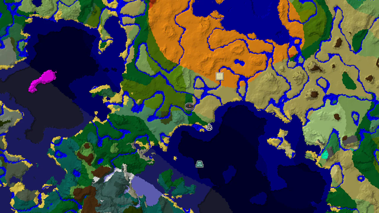 A 2D biome map centered on spawn, showing forest, jungle, desert, and ocean biomes, with markers for a shipwreck, desert pyramid, and ocean monument.