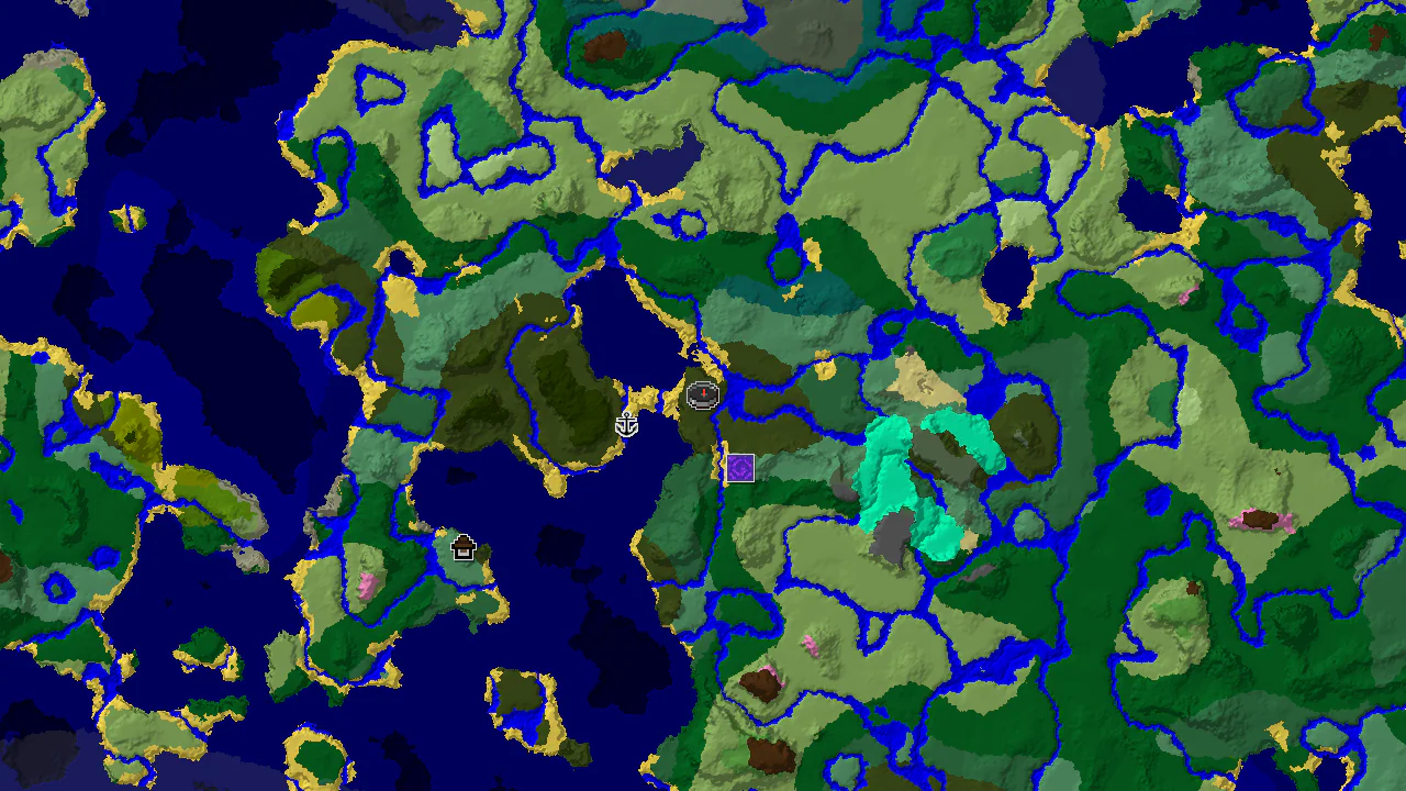 A top-down 2D biome map centered on spawn, showing Dark Forest, Ocean, and Plains, with markers for a Woodland Mansion and other structures.