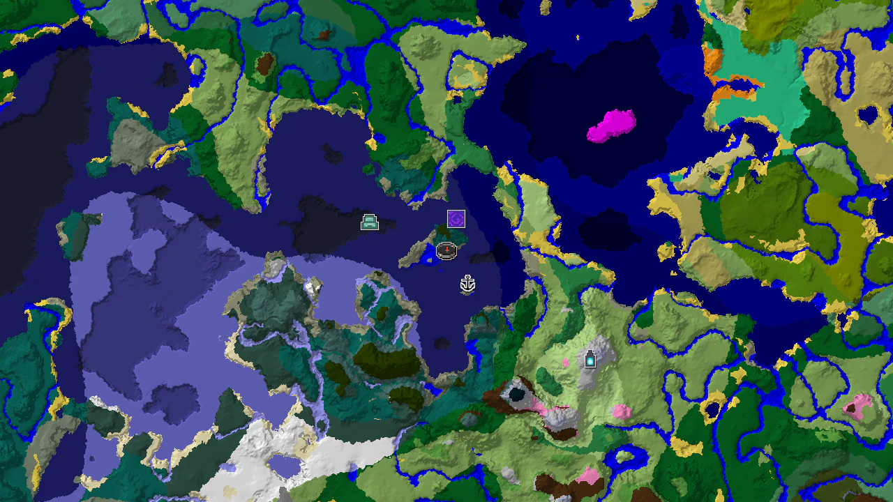 A 2D biome map centered on the spawn point in a Taiga, showing nearby ocean, rivers, and markers for a ruined portal and shipwreck.