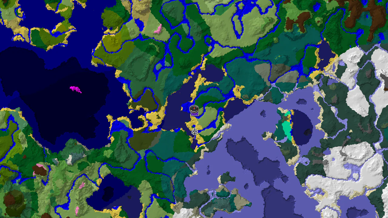A 2D biome map centered on spawn, showing a large forest area with a nearby lake and markers for a ruined portal and shipwreck.