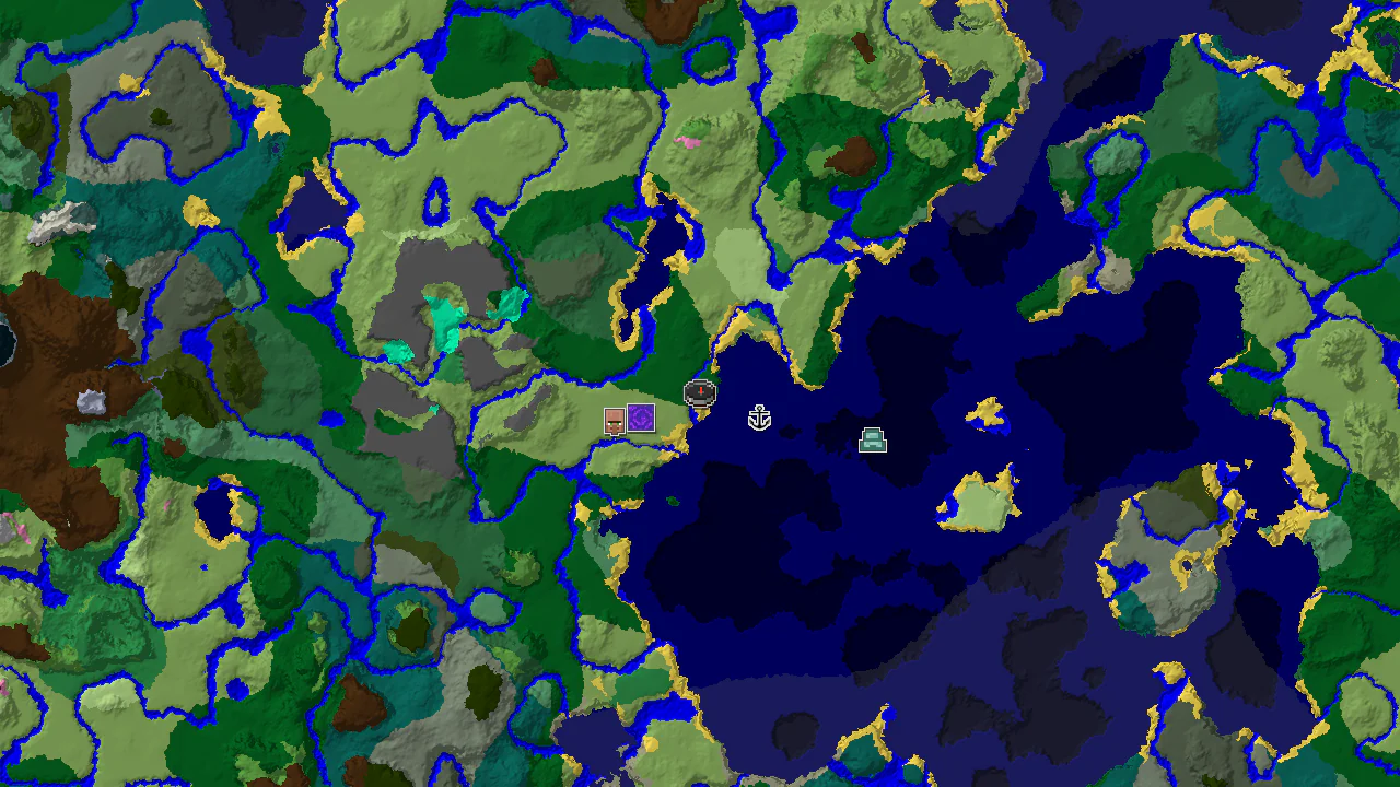 A 2D top-down biome map centered on spawn, showing forest, ocean, and plains, with markers for a shipwreck, ruined portal, and ocean monument.
