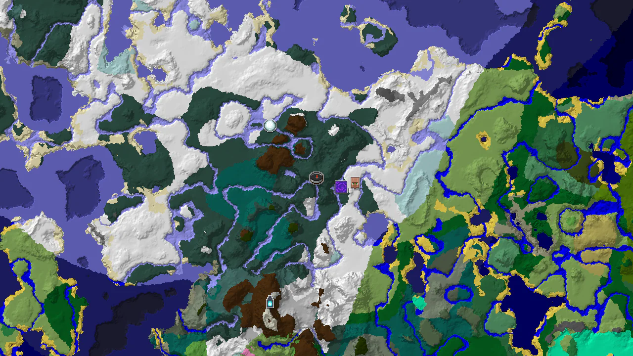 A 2D top-down biome map centered on the spawn point, with markers for nearby structures including a village and a ruined portal.