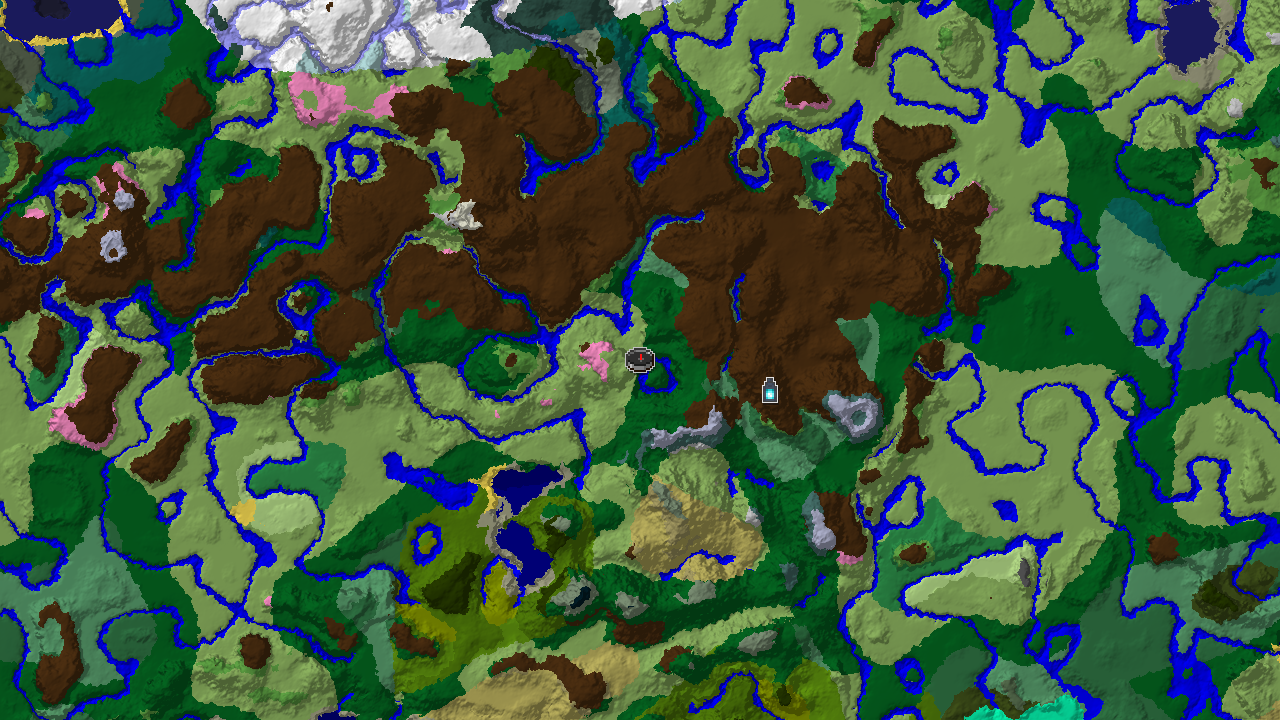 A top-down 2D biome map centered on spawn, showing forest, plains, and river biomes, with a marker for an Ancient City to the northeast.