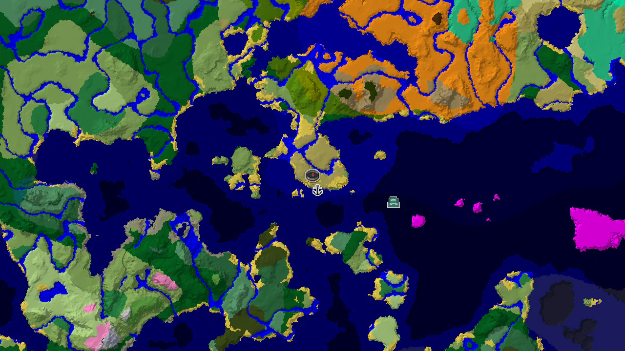 A 2D biome map centered on spawn, showing nearby savanna, ocean, and a shipwreck marker to the north.