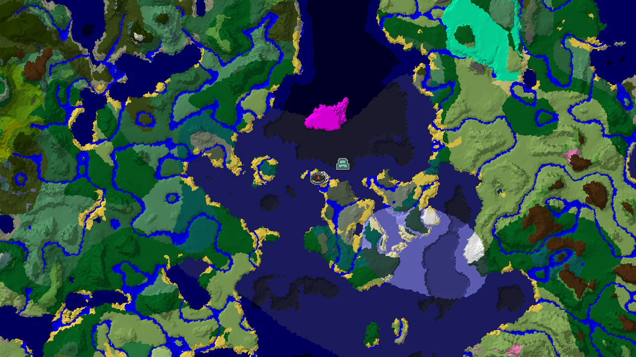 A 2D top-down biome map centered on spawn, showing a nearby shipwreck and a closer ocean monument.