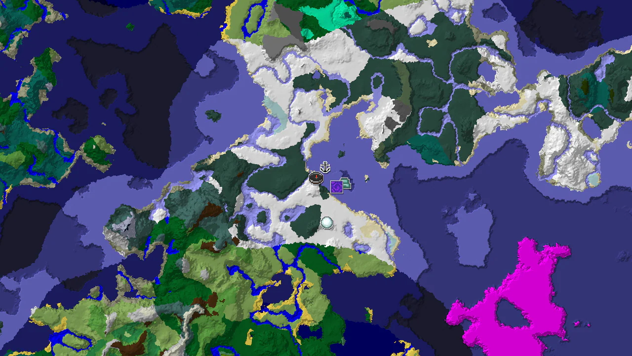 A 2D biome map centered on spawn, showing snowy plains, frozen ocean, and markers for a shipwreck and ocean monument.