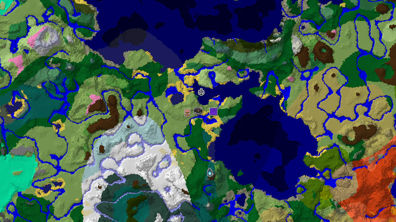 A 2D biome map centered on spawn, showing plains, ocean, and forest, with markers for an abandoned village and a ruined portal.