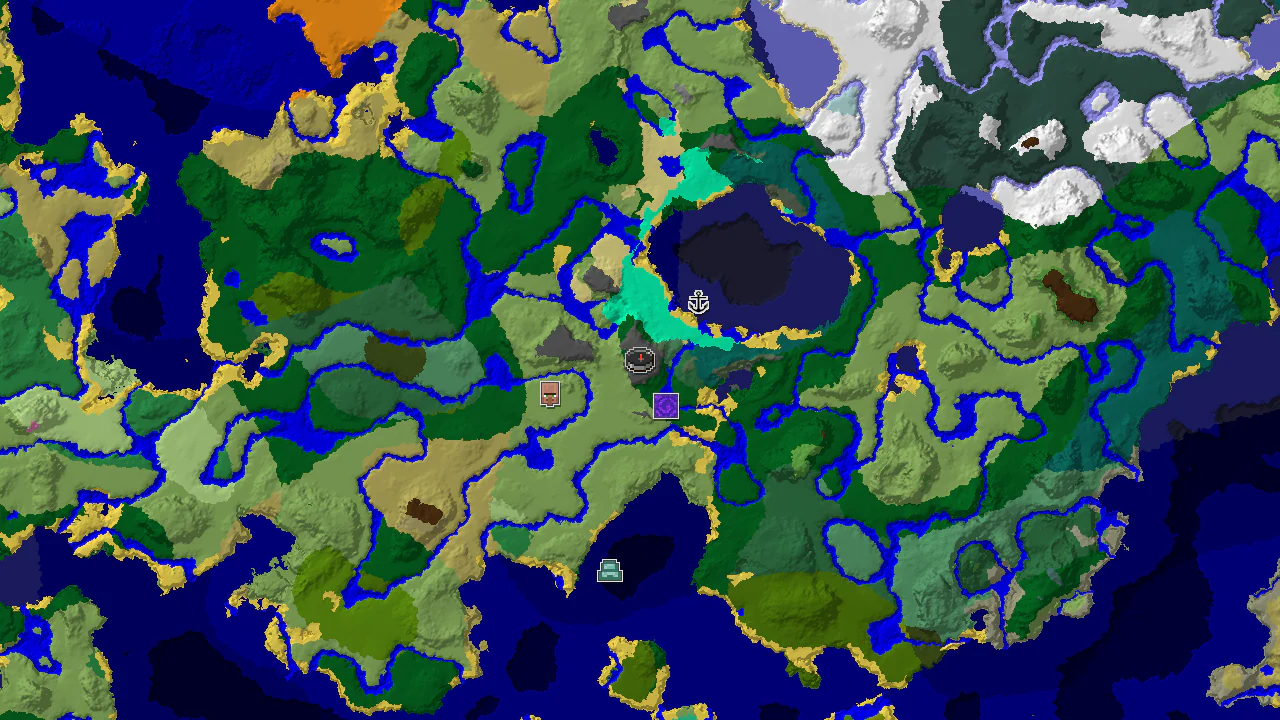 A 2D biome map centered on spawn, showing a Windswept Hills biome at spawn with markers for a nearby ruined portal, shipwreck, and village.