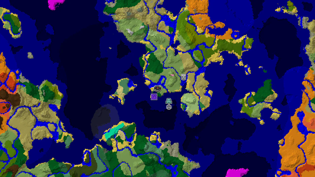 A top-down 2D biome map centered on spawn, showing a Plains spawn, a Ruined Portal at (48, 144), an Ocean Monument at (288, 208), a Shipwreck at (288, 304), and a Pillager Outpost at (528, -176).