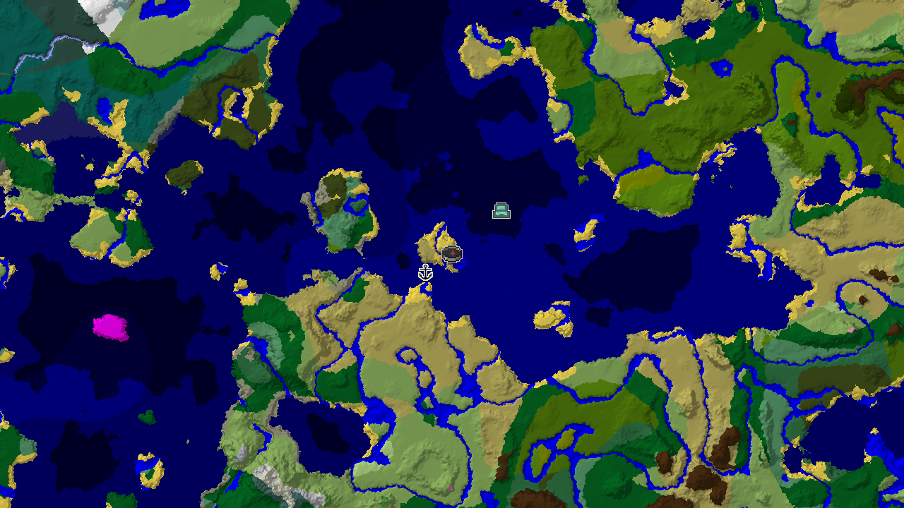 A top-down 2D biome map centered on spawn, showing a savanna spawn surrounded by various ocean biomes, with markers for a shipwreck and an ocean monument.