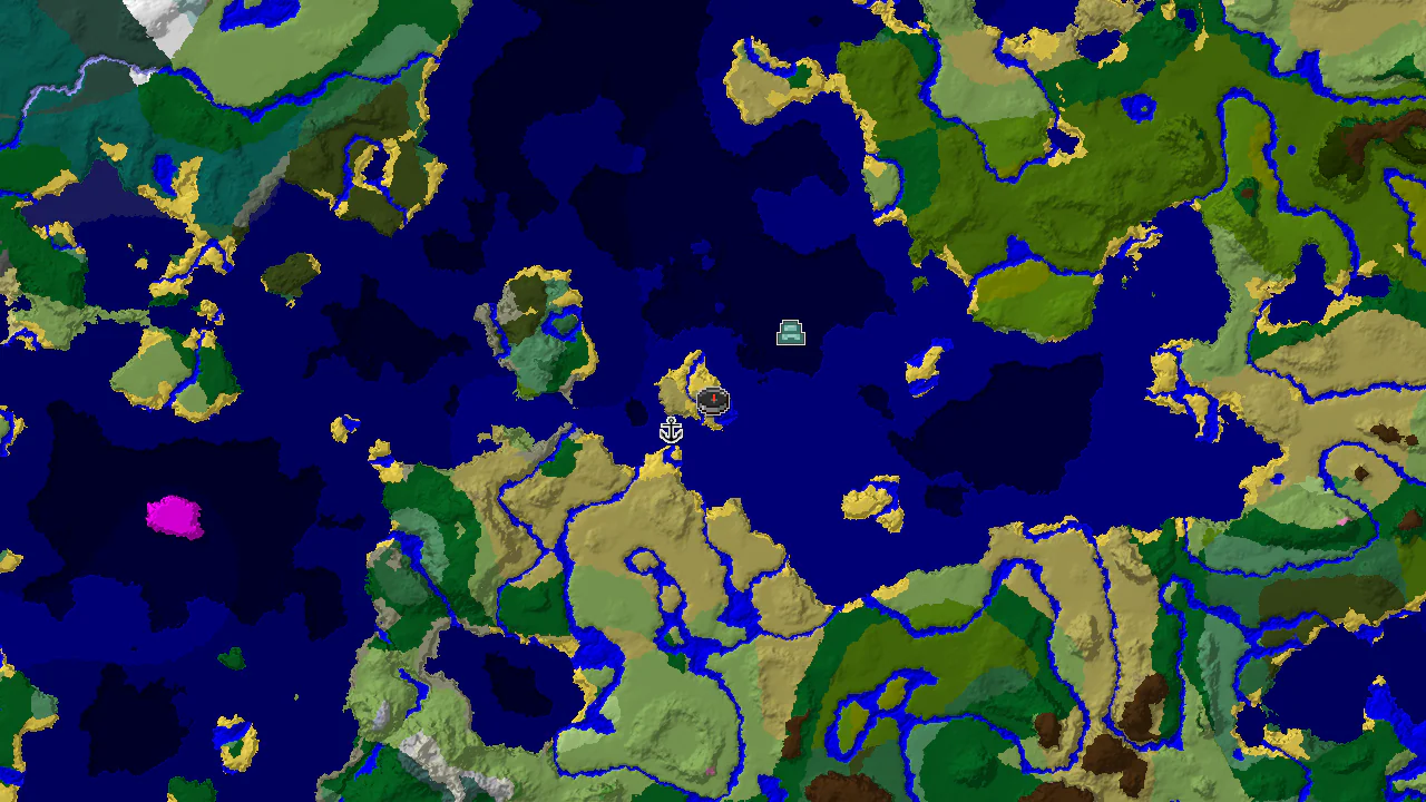 A top-down 2D biome map centered on spawn, showing a savanna spawn surrounded by various ocean biomes, with markers for a shipwreck and an ocean monument.