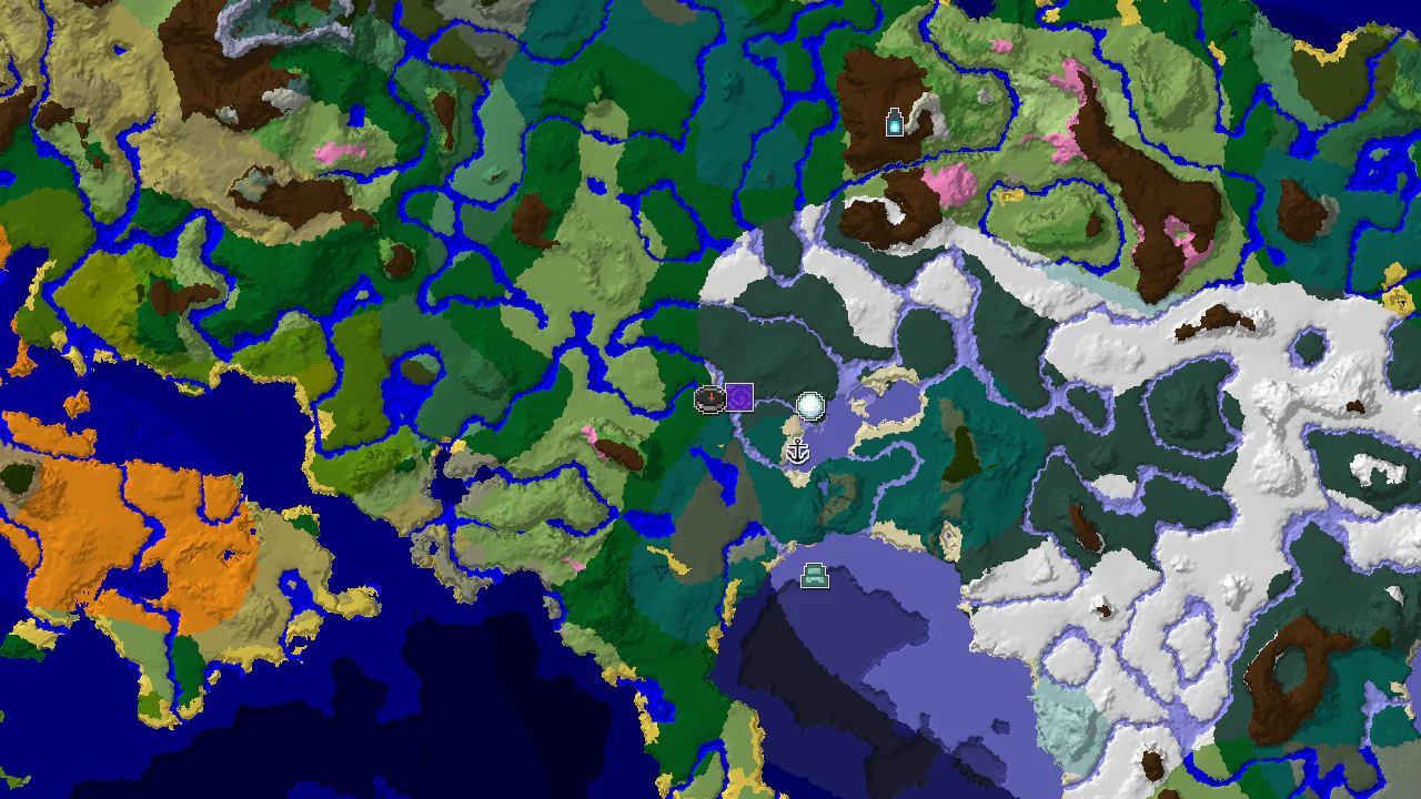 A 2D biome map centered on spawn, showing a large snowy taiga to the north and various forest biomes.