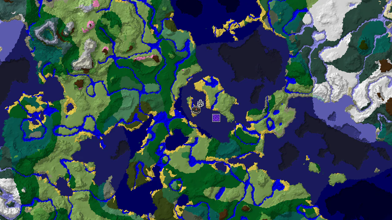 A top-down 2D biome map centered on the spawn point, marked with a player icon. Structure icons indicate nearby points of interest.
