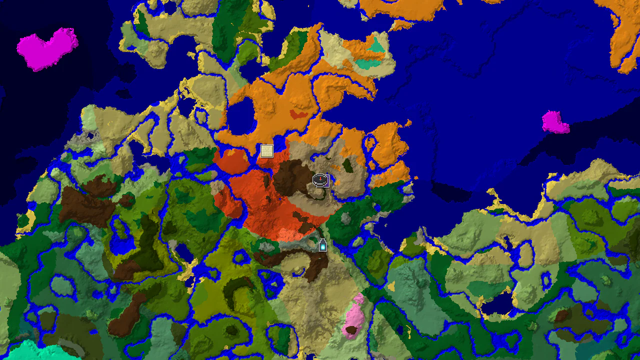 A 2D top-down biome map centered on spawn, showing Wooded Badlands, River, and Desert biomes with markers for a Ruined Portal and two villages.