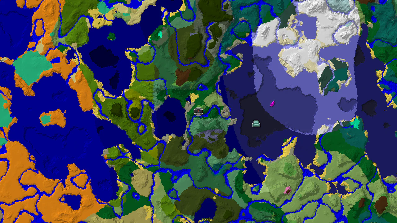 A top-down 2D biome map centered on the spawn point, marked with various biome colors and a marker for the Ocean Monument.
