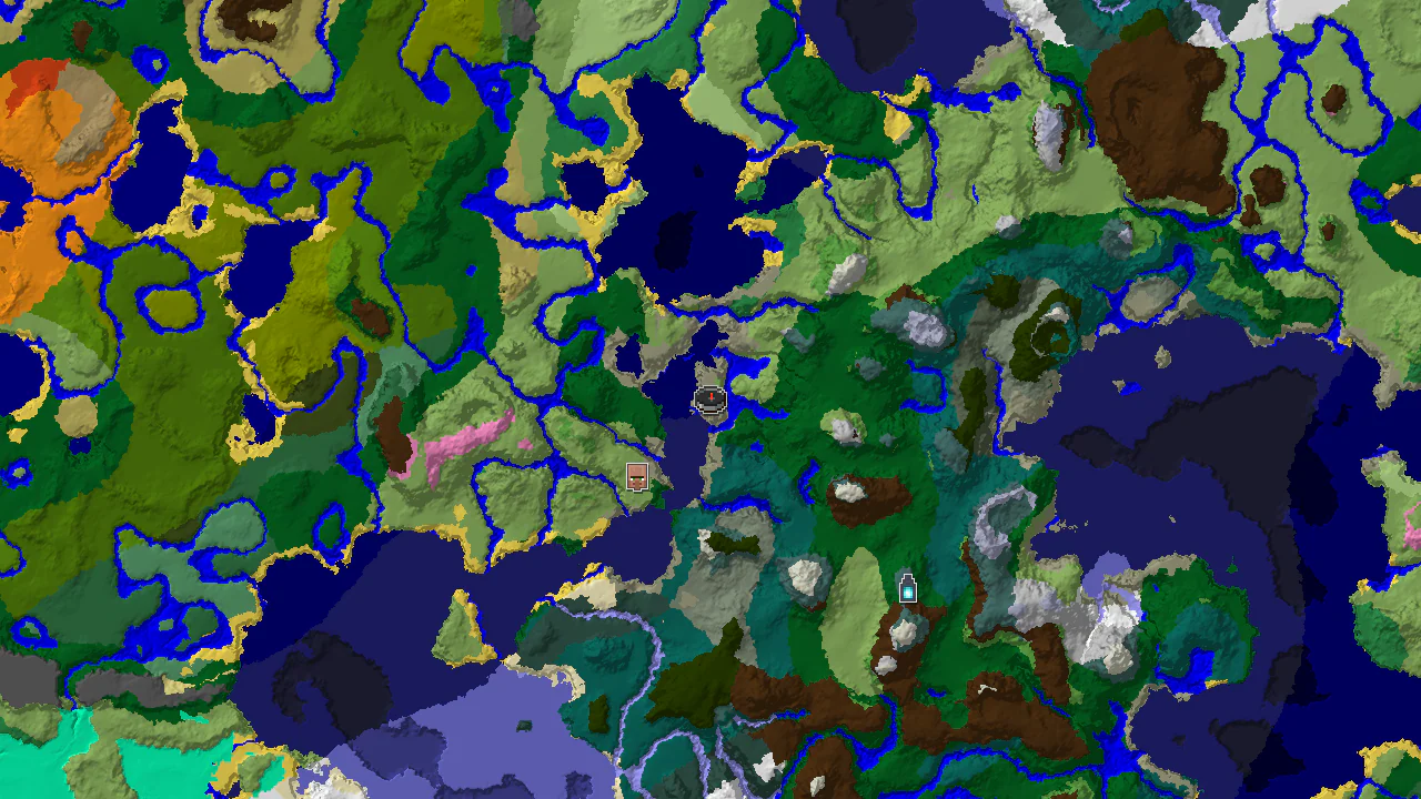 A top-down 2D biome map centered on spawn, showing plains, forests, and oceans, with markers for a village and an ancient city.