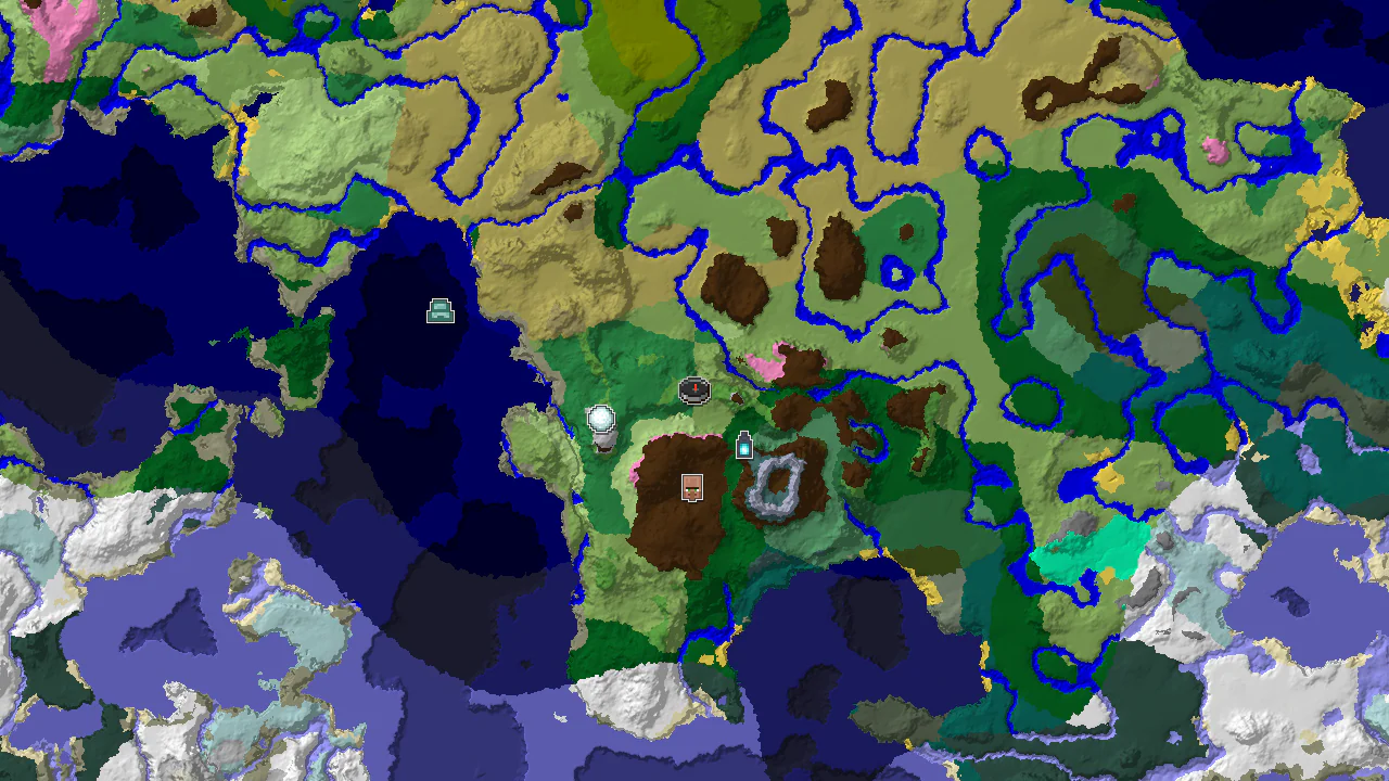 A 2D map centered on the spawn point, showing Plains, Flower Forest, and Meadow biomes, with markers for a close Ancient City, Igloo, and Village.
