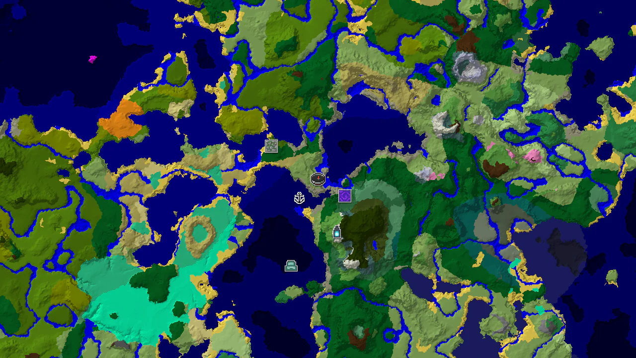 A 2D map of seed -5800012497629321019, showing plains spawn with nearby ocean, forest, and savanna biomes.