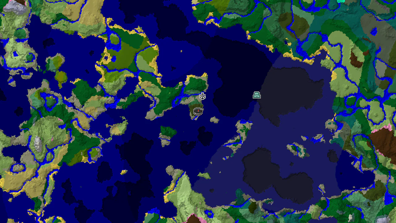 A 2D top-down biome map centered on the spawn point, showing nearby biomes and structure markers.