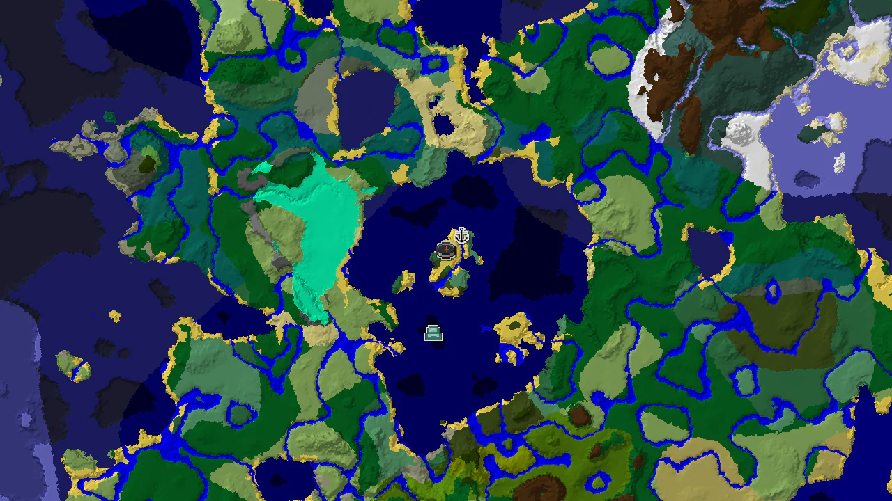 A 2D top-down biome map centered on the spawn point, showing birch forest, ocean, beach, and dark forest biomes, with markers for a shipwreck and an ocean monument.