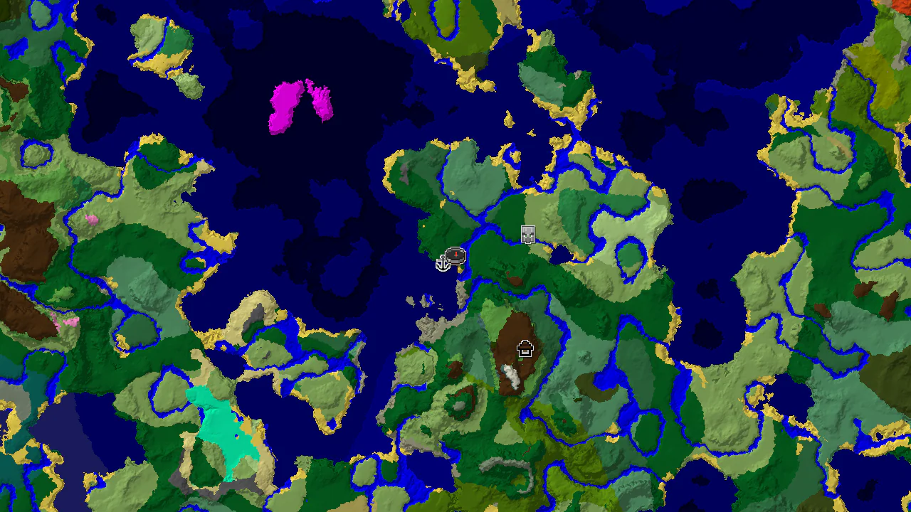 A top-down 2D biome map centered on spawn, showing forest, ocean, and river biomes, with markers for a shipwreck and other structures.