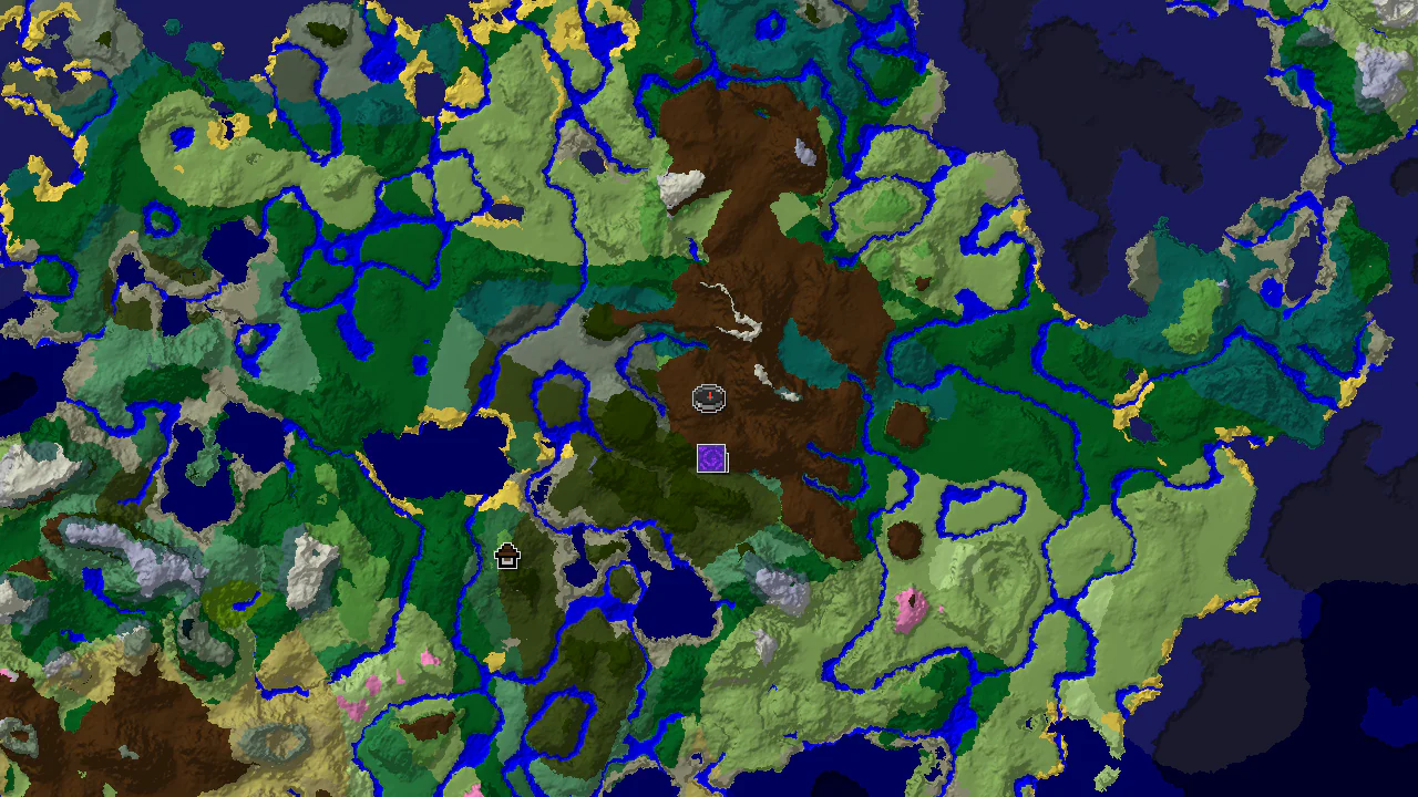 A top-down 2D biome map centered on spawn, showing Grove, Forest, and Meadow biomes, with markers for a Ruined Portal and an Ancient City.