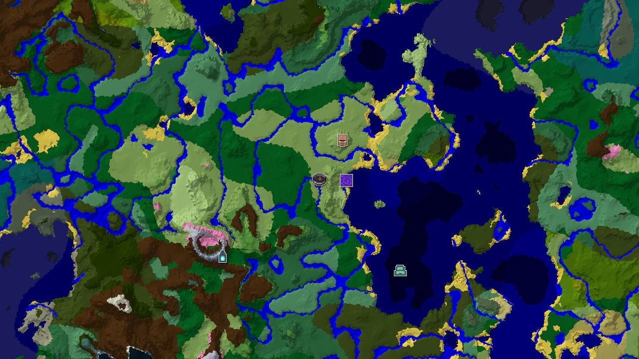 A 2D biome map centered on spawn, showing plains, forest, and river biomes, with markers for a nearby ruined portal and village.