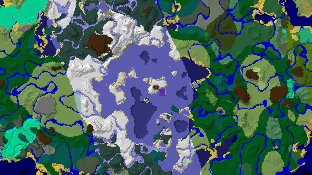 A top-down 2D biome map centered on spawn, showing snowy plains, frozen ocean, and various cold biomes, with markers for a ruined portal and shipwreck.