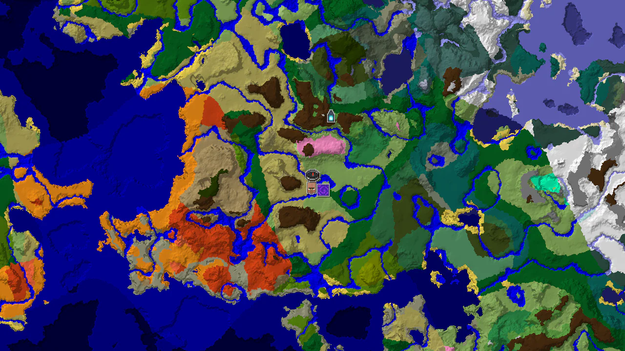 A 2D map of the Minecraft overworld, centered on spawn, showing nearby biomes and markers for a village, ruined portal, and ancient city.