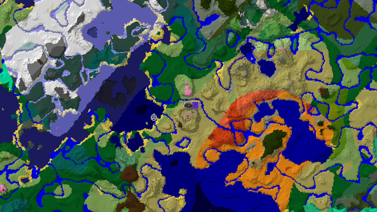 A 2D biome map centered on the spawn point, showing Savanna, Plains, and Forest biomes, with markers for a nearby village and ruined portal.