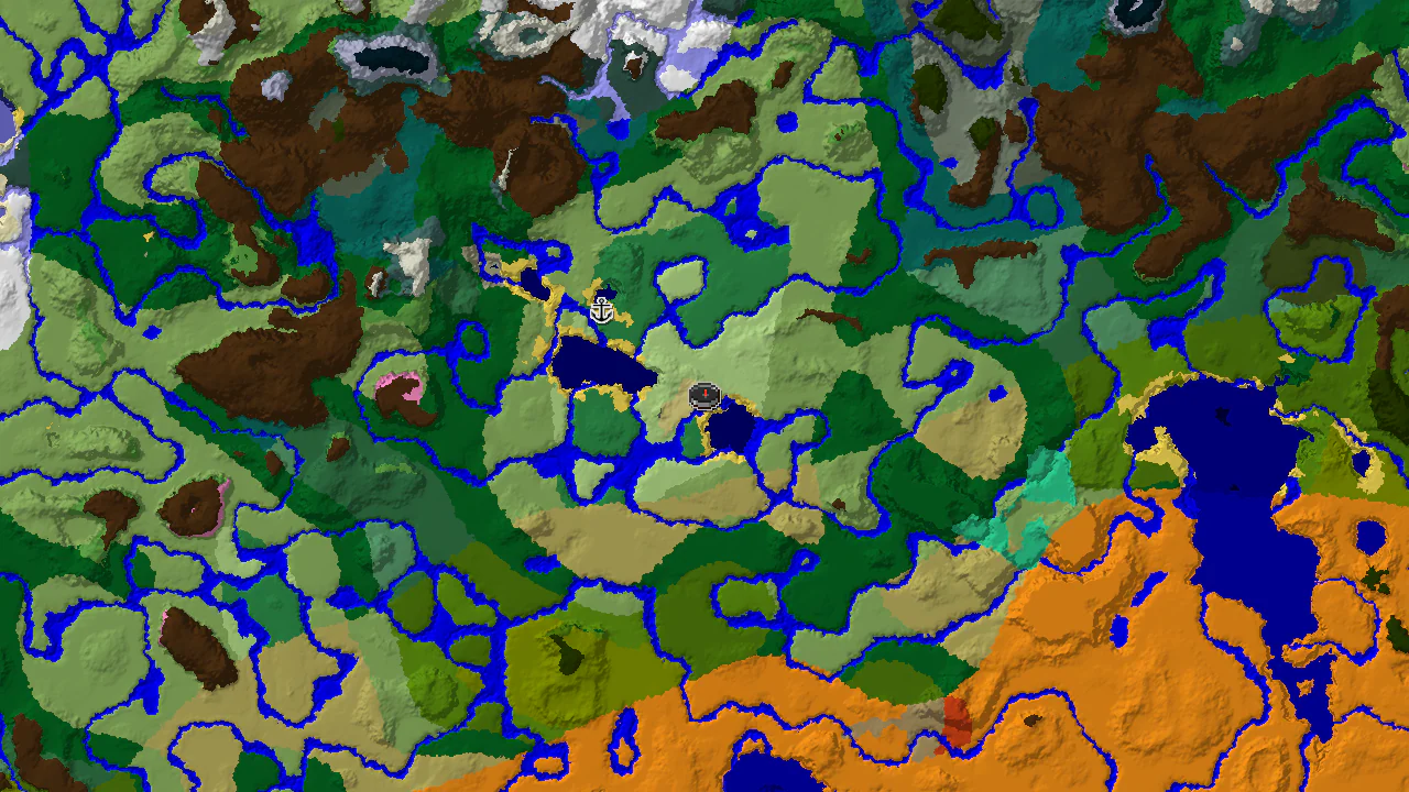 A 2D top-down biome map centered on spawn, showing a Flower Forest to the southeast, a River to the north, and a Shipwreck marker.