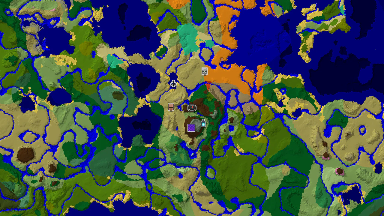 A top-down 2D biome map centered on spawn, showing forest, savanna, plains, and river biomes, with markers for an ancient city and a ruined portal.