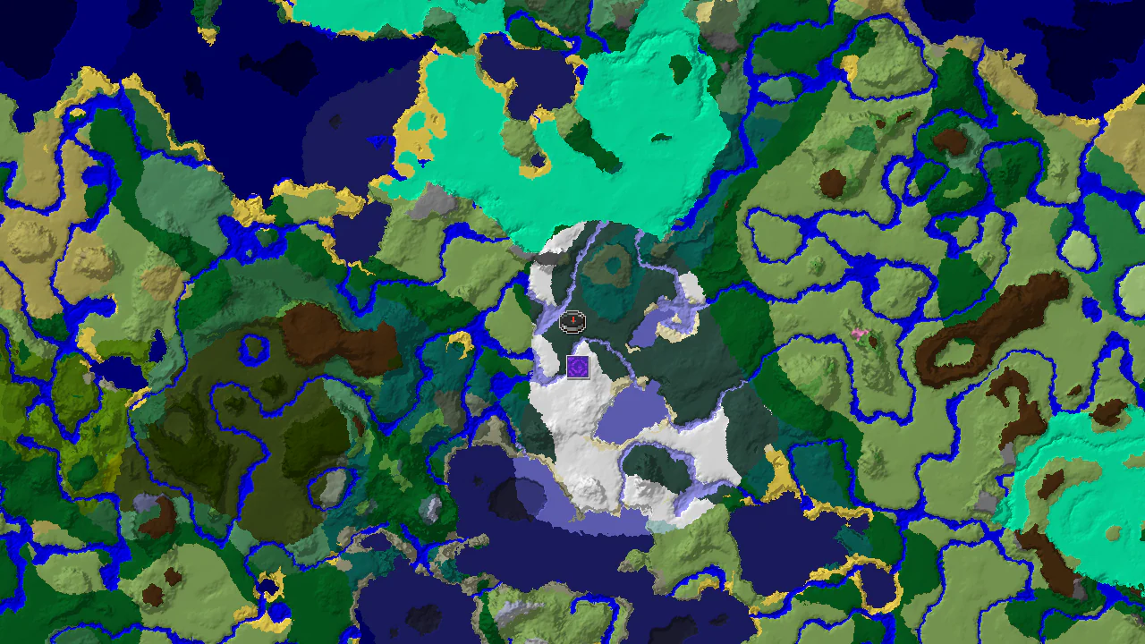 A top-down 2D biome map centered on spawn, showing snowy biomes, forests, and plains, with a marker for a Ruined Portal.