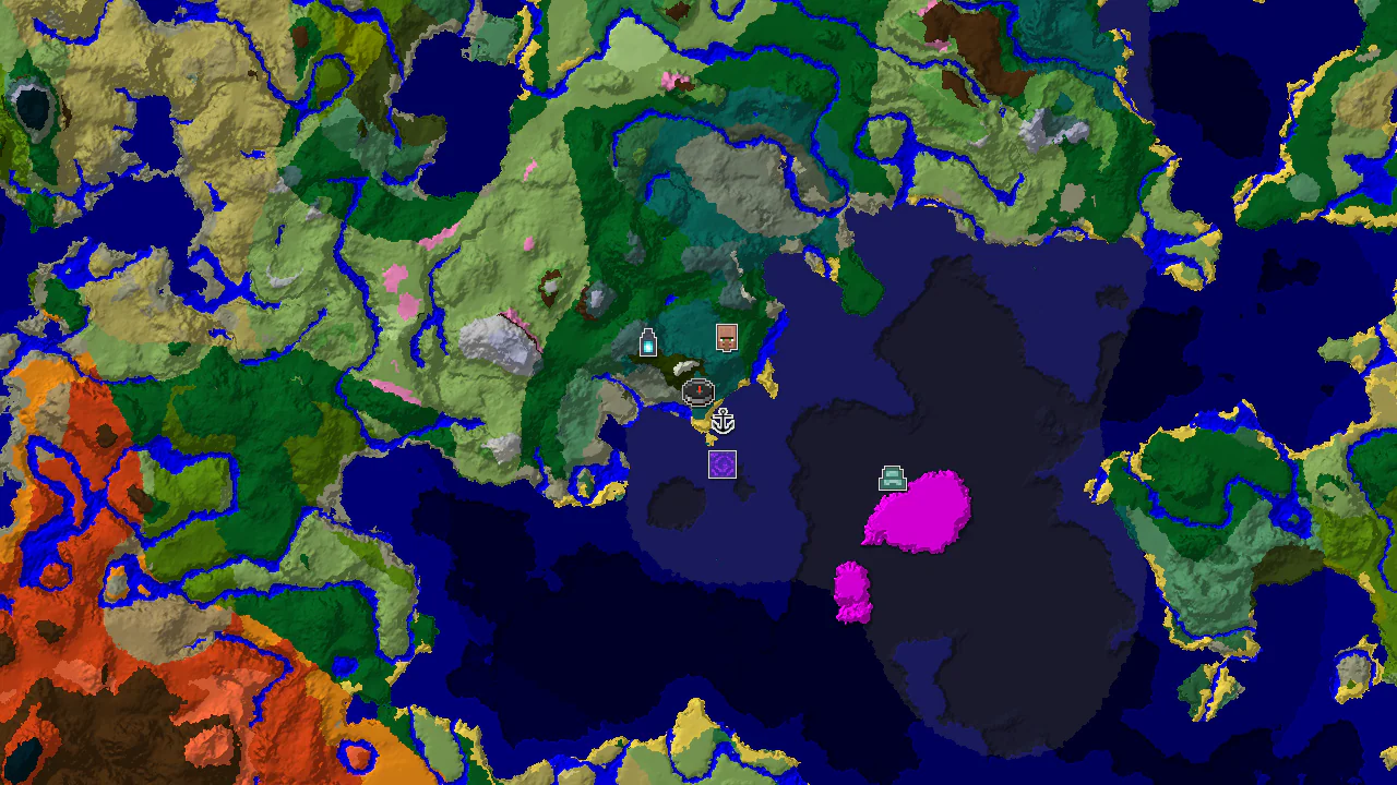 A 2D biome map centered on the spawn point, showing Taiga, Cold Ocean, and mountainous biomes, with markers for nearby structures.