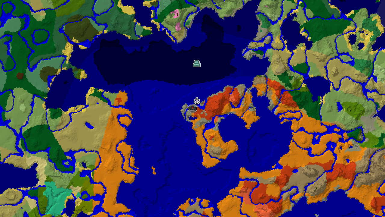 A 2D top-down biome map centered on the spawn point, showing nearby biomes and markers for the shipwreck and ocean monument.