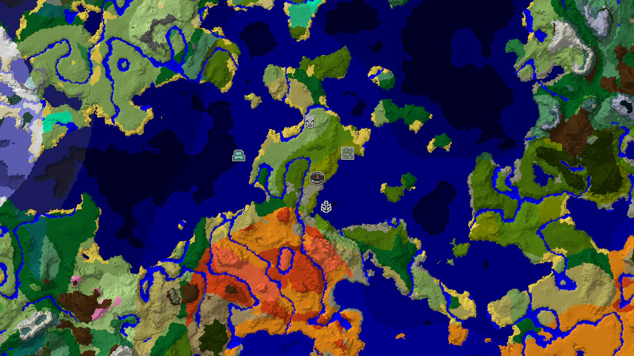 A 2D top-down biome map centered on spawn, showing a vibrant mix of jungle, ocean, and badlands biomes, with markers for nearby structures.