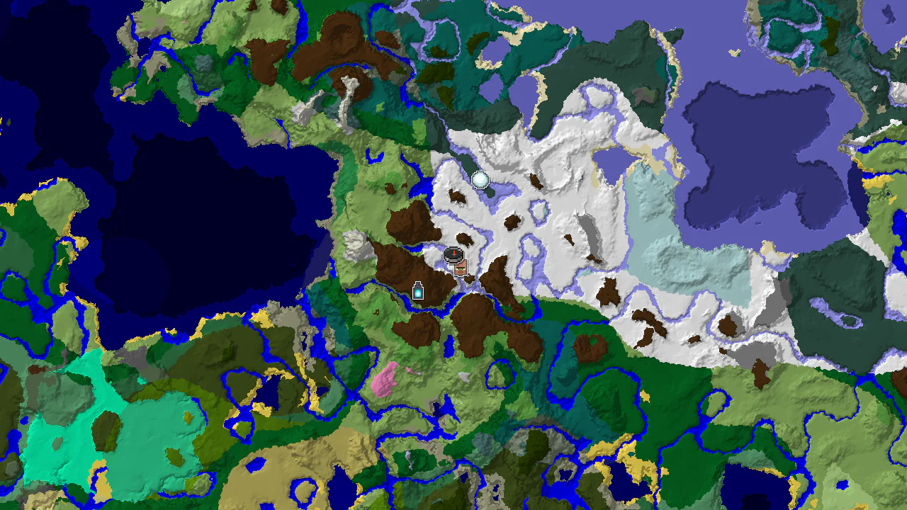 A 2D top-down biome map centered on spawn, showing snowy plains, forests, and a nearby village and ancient city.