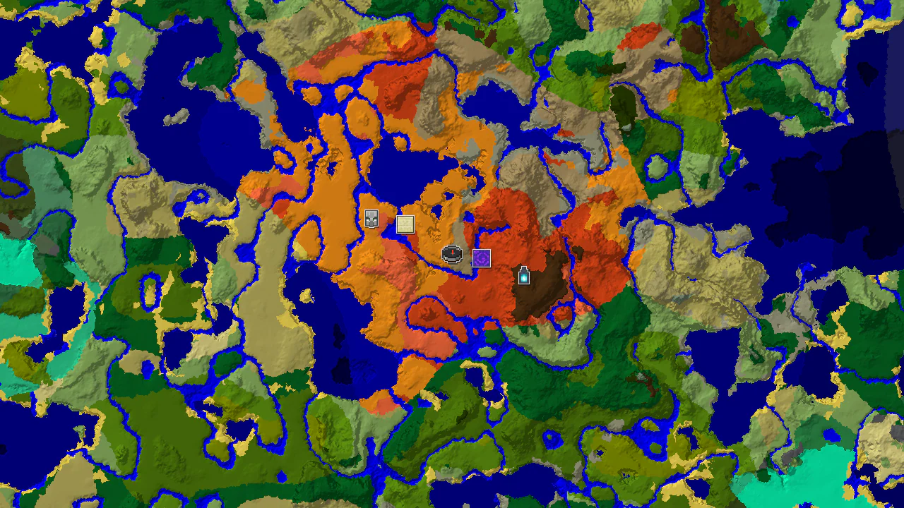 A top-down 2D biome map centered on the spawn point, showing Wooded Badlands, Desert, and River biomes, with markers for a Ruined Portal, Desert Pyramid, and Ancient City.