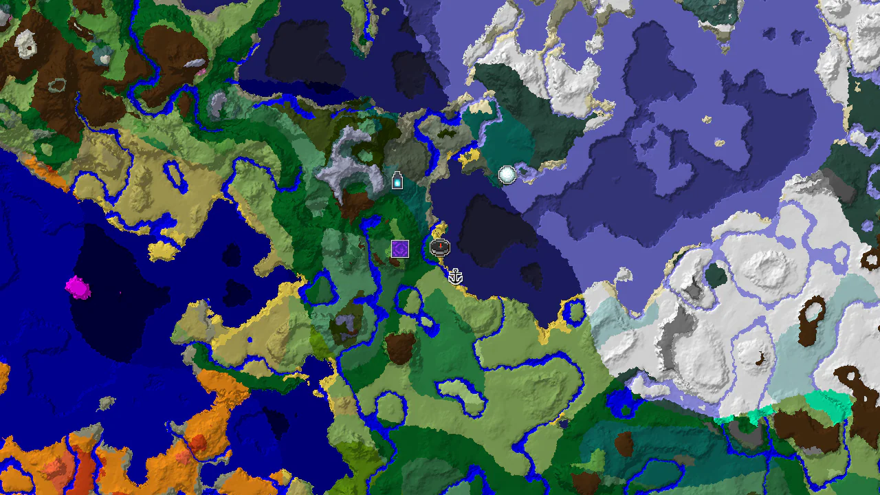 A 2D map of seed -6280585041944697660, showing a Forest spawn surrounded by Taiga, Plains, and Cold Ocean biomes, with markers for a Ruined Portal, Shipwreck, and Ancient City.
