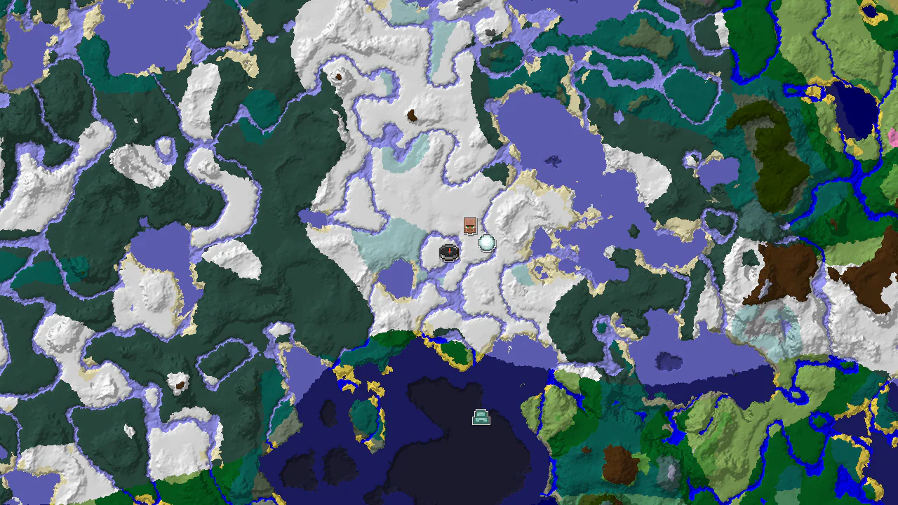 A top-down 2D map of Minecraft seed -6315383853021625717, centered on spawn, showing snowy biomes, a nearby village, and an igloo.