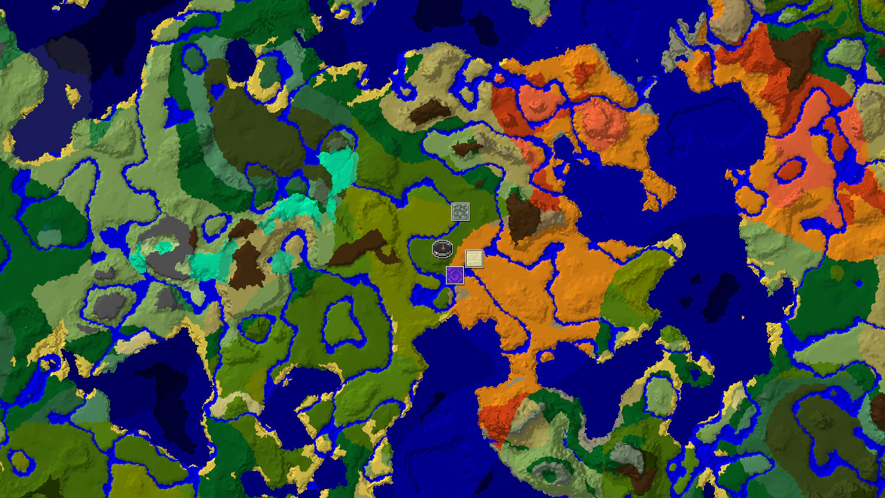 A 2D biome map centered on the spawn point, showing jungle, desert, and river biomes, with markers for a ruined portal and a desert pyramid.