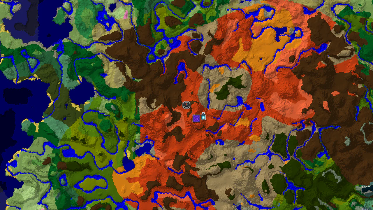 A 2D biome map centered on spawn, showing a large badlands area with markers for a nearby ancient city and a ruined portal.