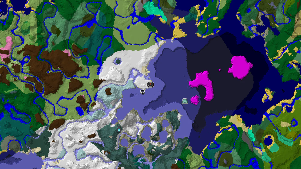 A 2D top-down biome map centered on the spawn point, showing nearby snowy plains, frozen oceans, and markers for a shipwreck and an ancient city.