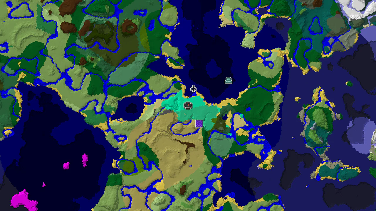 A 2D biome map centered on the spawn point, highlighting nearby mangrove swamps, oceans, and structure locations.