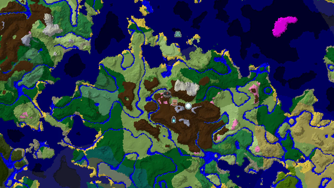 A top-down 2D biome map centered on spawn, showing plains, cherry grove, and snowy slopes biomes, with markers for a village and ancient city.