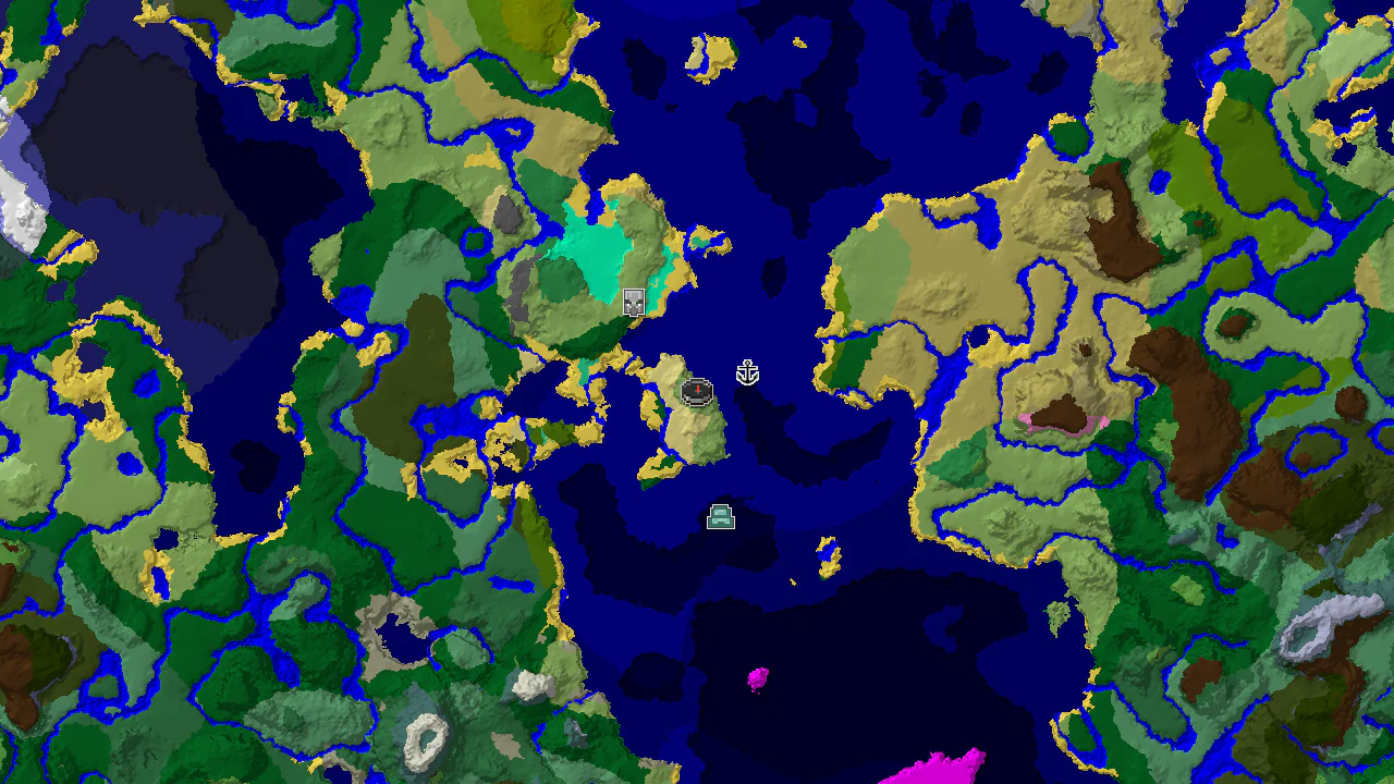 A 2D biome map centered on the spawn point, showing Plains, Lukewarm Ocean, and Forest biomes, with markers for a shipwreck, Pillager Outpost, and Ocean Monument.