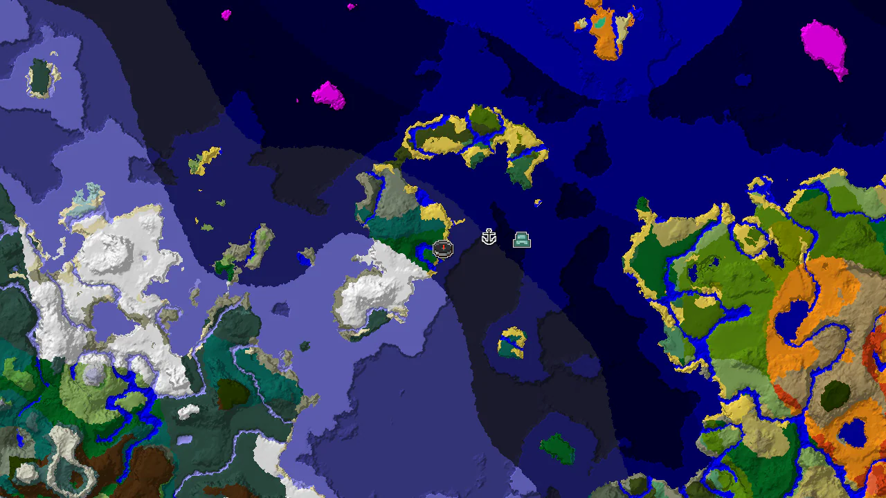 A 2D biome map centered on spawn, showing forest, cold ocean, and snowy plains biomes, with markers for a shipwreck and an ocean monument.