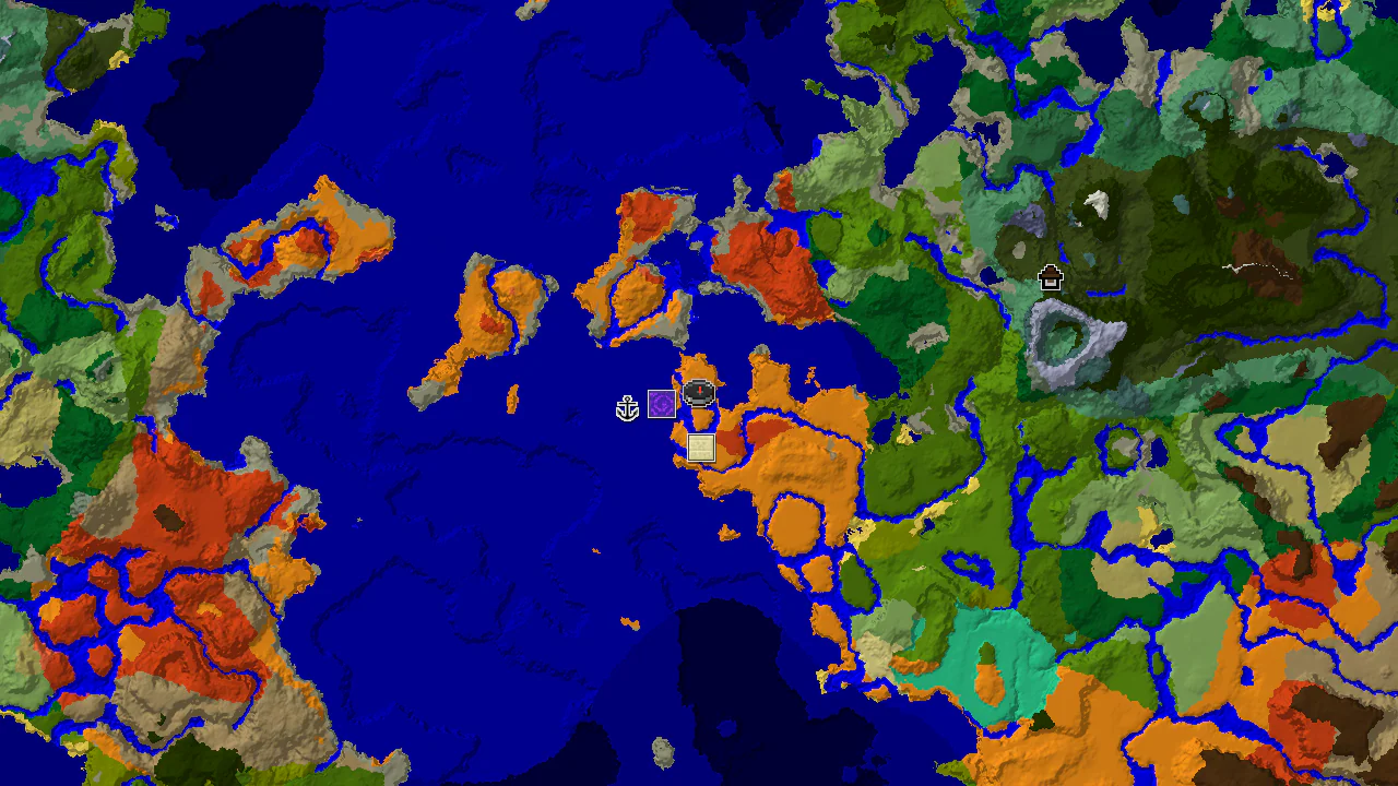 A 2D biome map centered on the spawn point, showing deserts, oceans, and various structures.