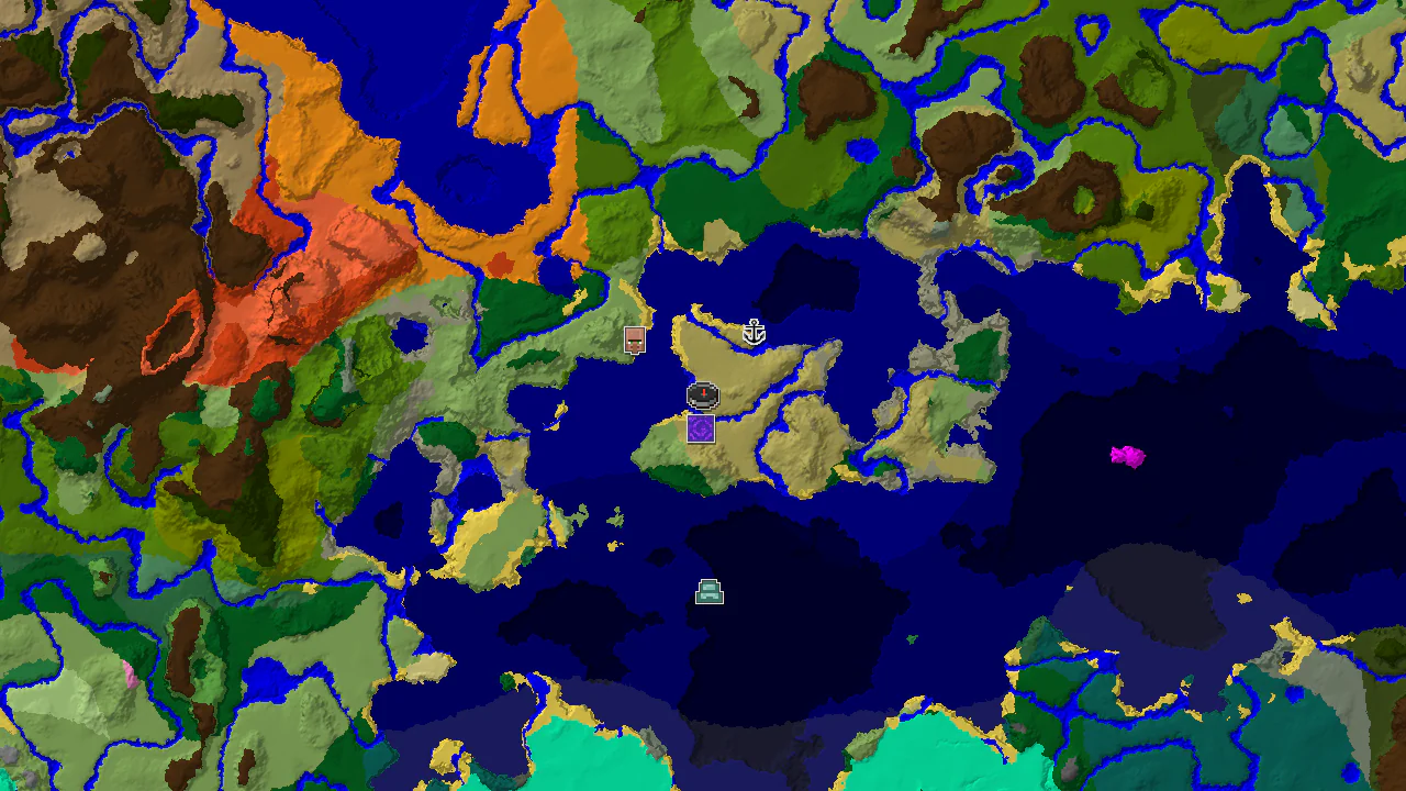 A 2D biome map centered on spawn, showing savanna, ocean, and river biomes, with markers for a village and a ruined portal.